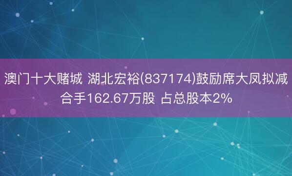 澳门十大赌城 湖北宏裕(837174)鼓励席大凤拟减合手162.67万股 占总股本2%